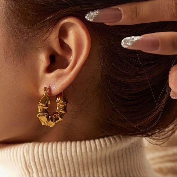 ZARA BAMBOO 18K GOLD FAMOUS DESIGNER HOOP EARRINGS - Picture 3 of 8